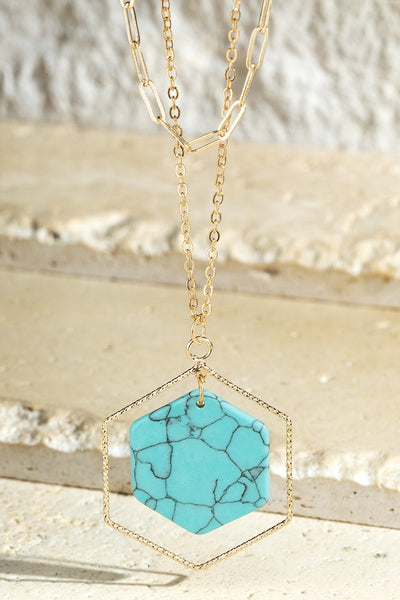 Layered Hexagon Natural Stone Pendant Necklace