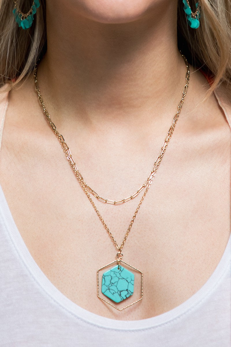 Layered Hexagon Natural Stone Pendant Necklace