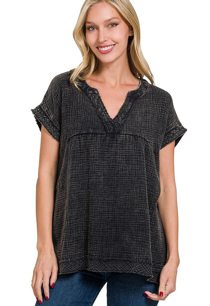 Leslie Washed Raw Hem Top Black