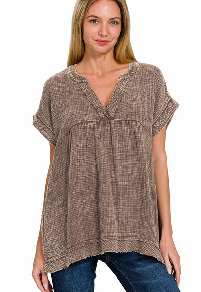 Leslie Washed Raw Hem Top Brown