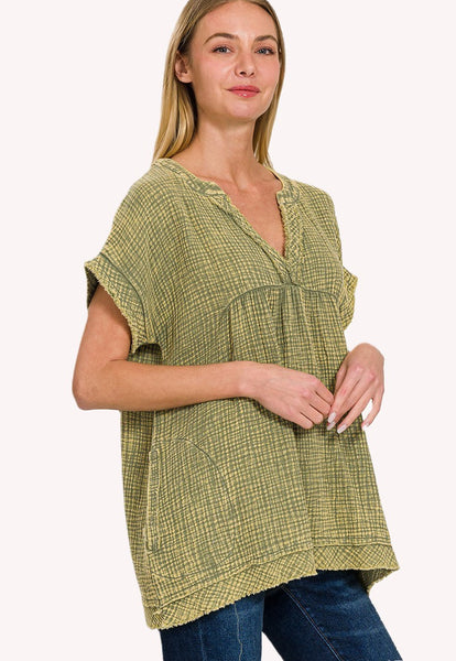 Leslie Washed Raw Hem Top Olive