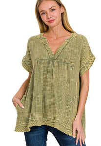 Leslie Washed Raw Hem Top Olive