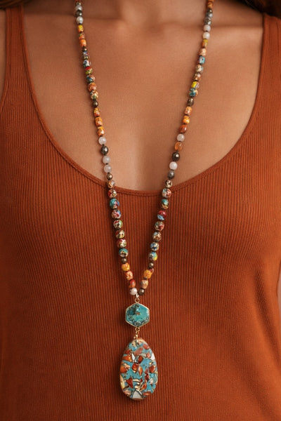 Natural Stone Bead Necklace with Aqua Teal Sea Stone Pendant