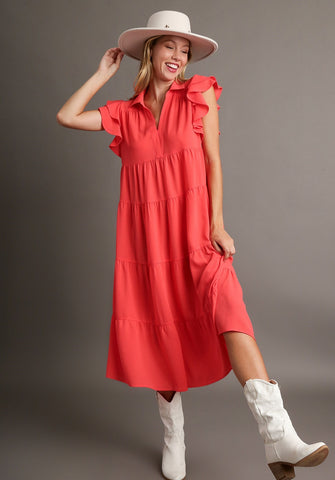 UMGEE A Line Tiered Ruffle Sleeve Midi Dress Coral Pink