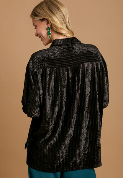 UMGEE Striped Velvet Button Down Top Black