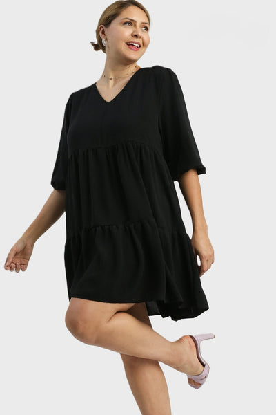 UMGEE V Neck 3/4 Sleeve Tiered Dress Black