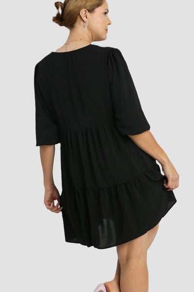 UMGEE V Neck 3/4 Sleeve Tiered Dress Black