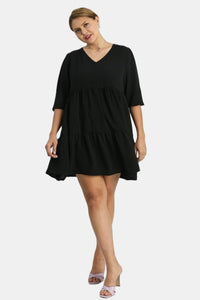 UMGEE V Neck 3/4 Sleeve Tiered Dress Black