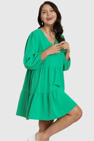 UMGEE V Neck 3/4 Sleeve Tiered Dress Mint