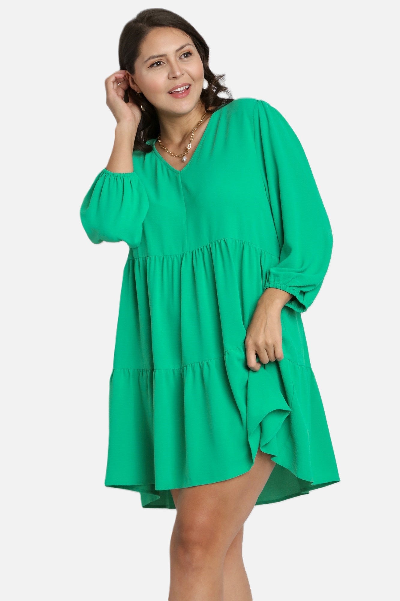 UMGEE V Neck 3/4 Sleeve Tiered Dress Mint