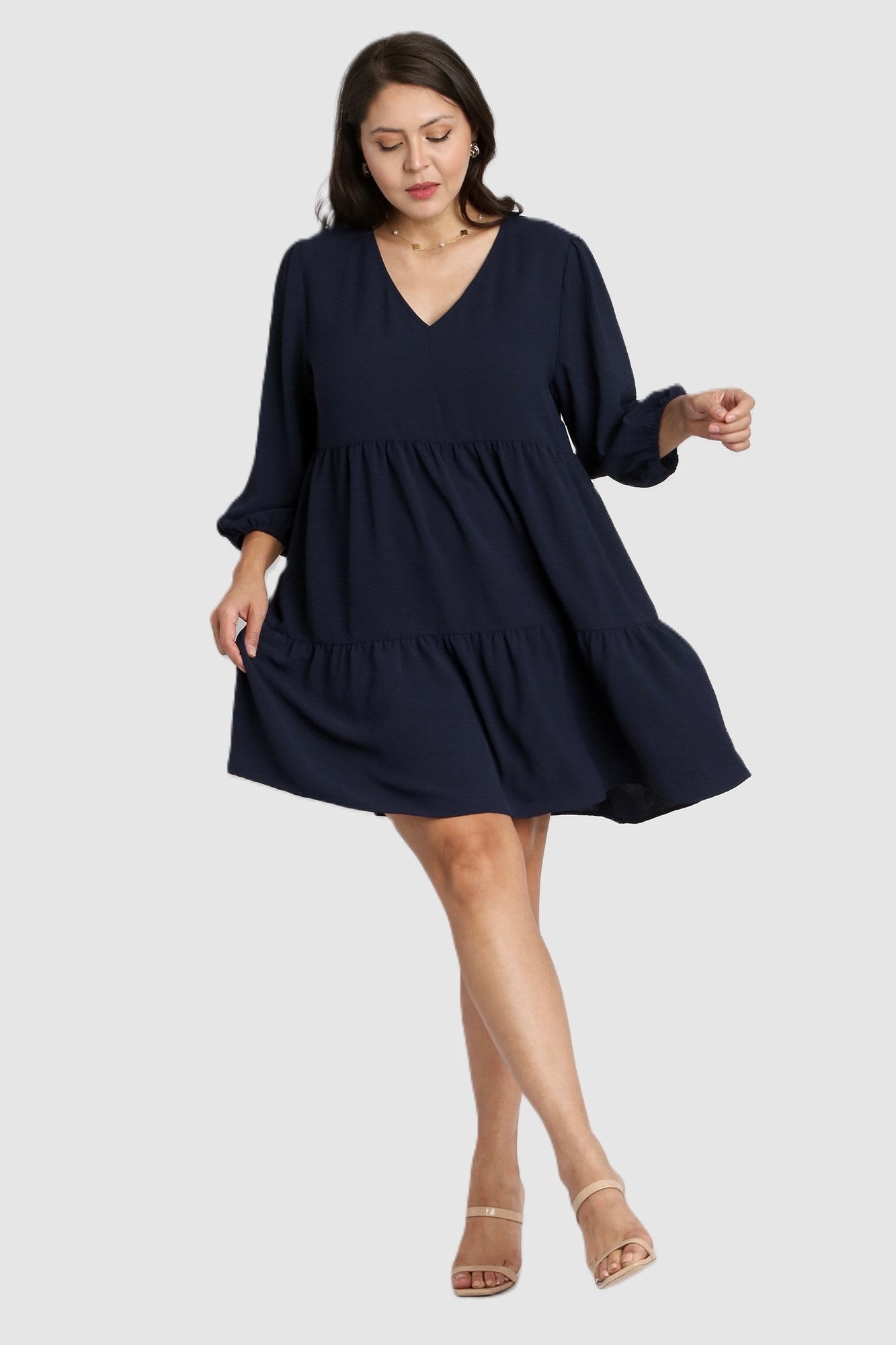 UMGEE V Neck 3/4 Sleeve Tiered Dress Navy