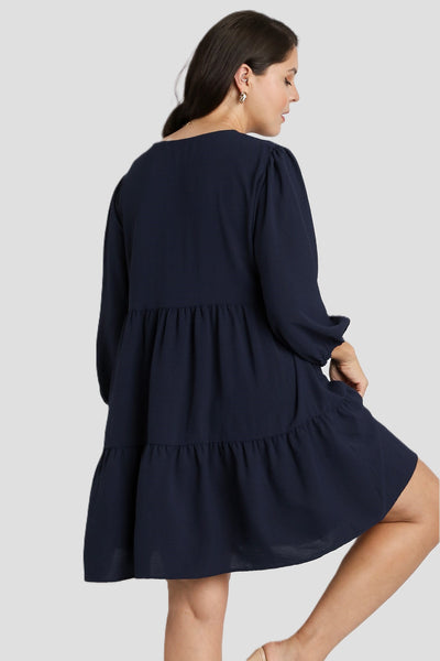 UMGEE V Neck 3/4 Sleeve Tiered Dress Navy