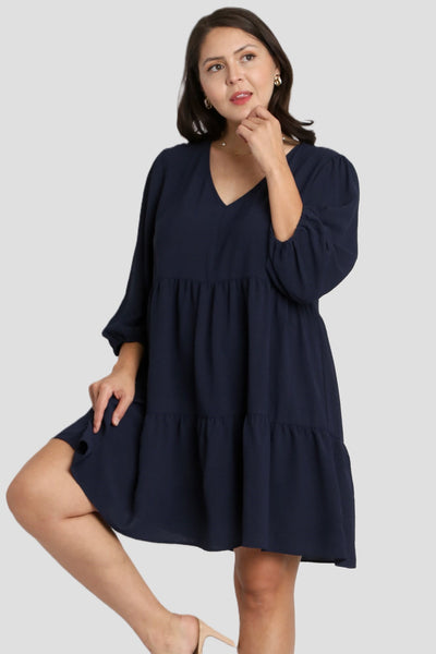 UMGEE V Neck 3/4 Sleeve Tiered Dress Navy