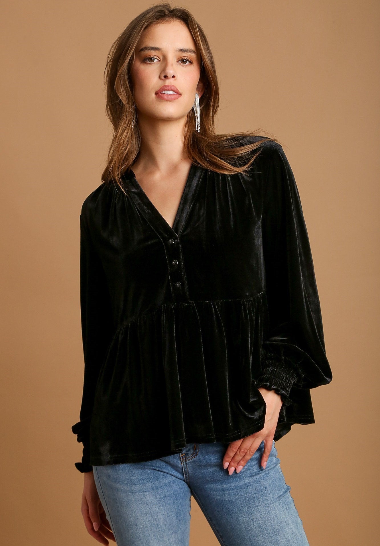 UMGEE V Notched Velvet Baby Doll Top Black