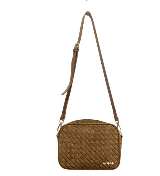 Willow Suede Woven Camera Crossbody Bag Camel