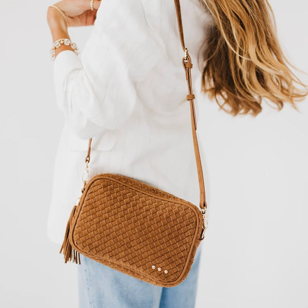 Willow Suede Woven Camera Crossbody Bag Camel