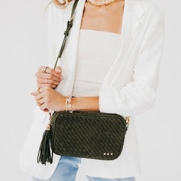 Willow Suede Woven Camera Crossbody Bag Olive