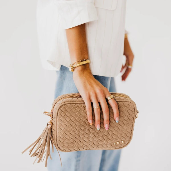 Willow Suede Woven Camera Crossbody Bag Taupe