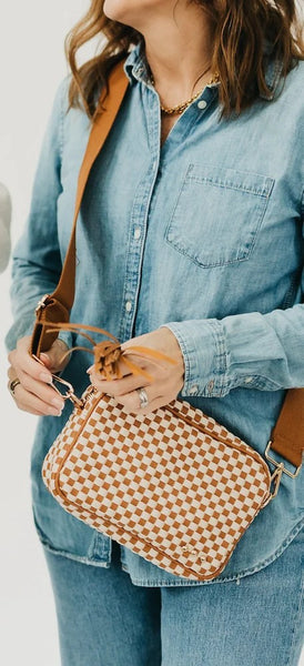 Willow Woven Camera Crossbody Bag Brown Checker