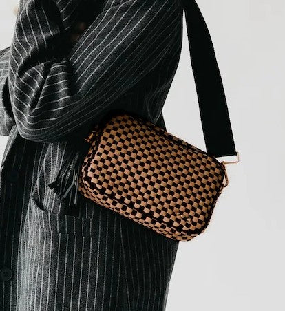 Willow Woven Camera Crossbody Bag Coffee Checker