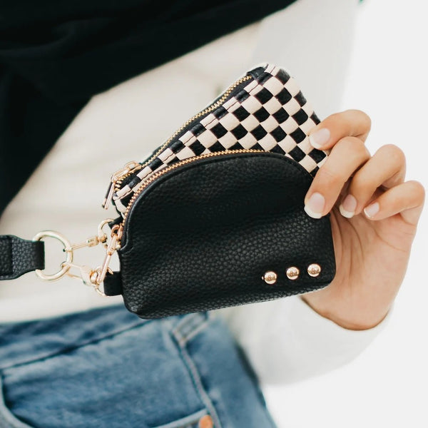 Wonderlust Woven Dual Pouch Wristlet Checker Black