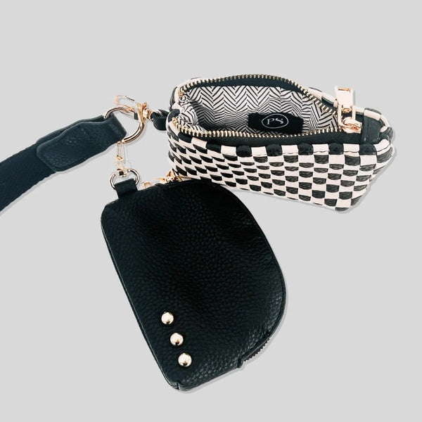 Wonderlust Woven Dual Pouch Wristlet Checker Black
