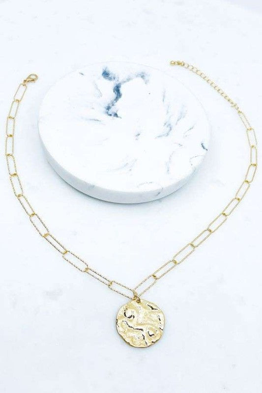 Worn Gold Hammered Coin Paperclip Chain Necklace