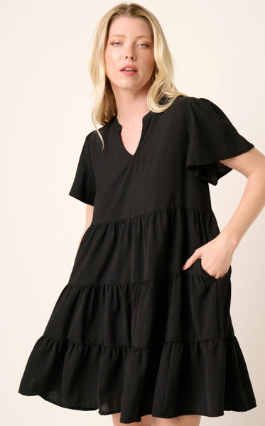 Black Ruffle Air Flow Notch Collar Dress