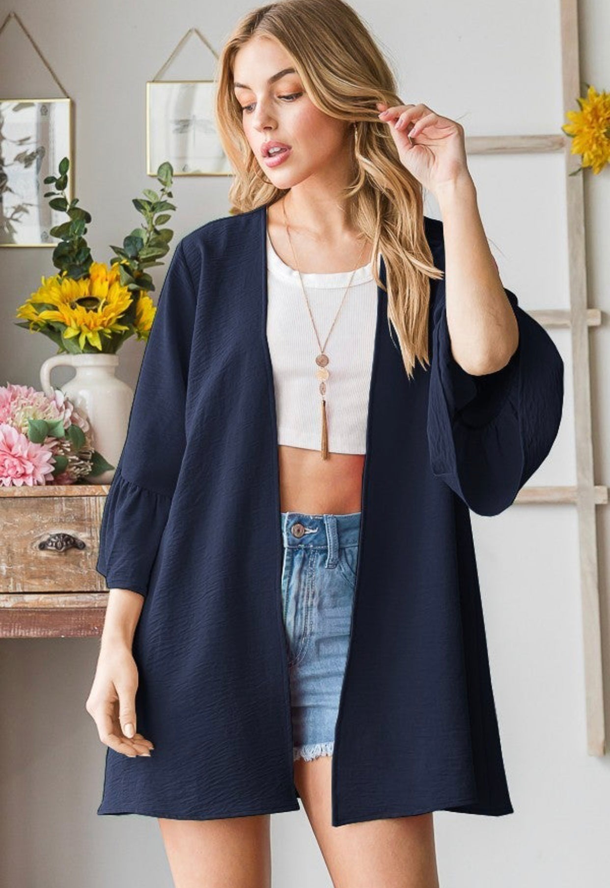 Navy Bell Sleeve Light Cardigan