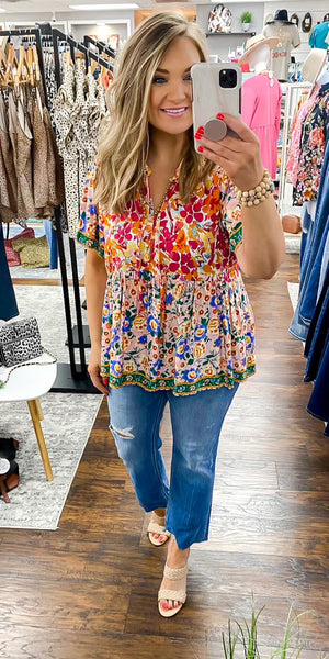 UMGEE Mixed Print Smocked Shoulder Top