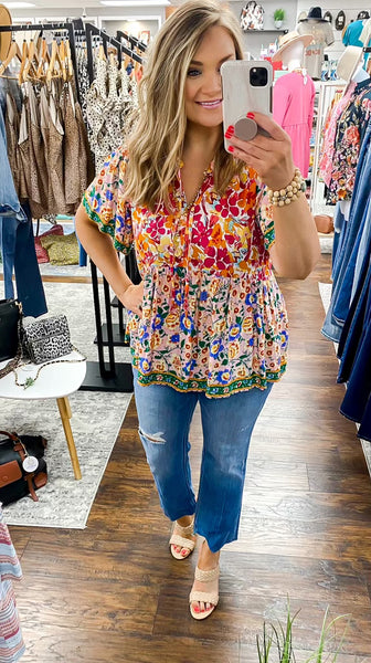 UMGEE Mixed Print Smocked Shoulder Top