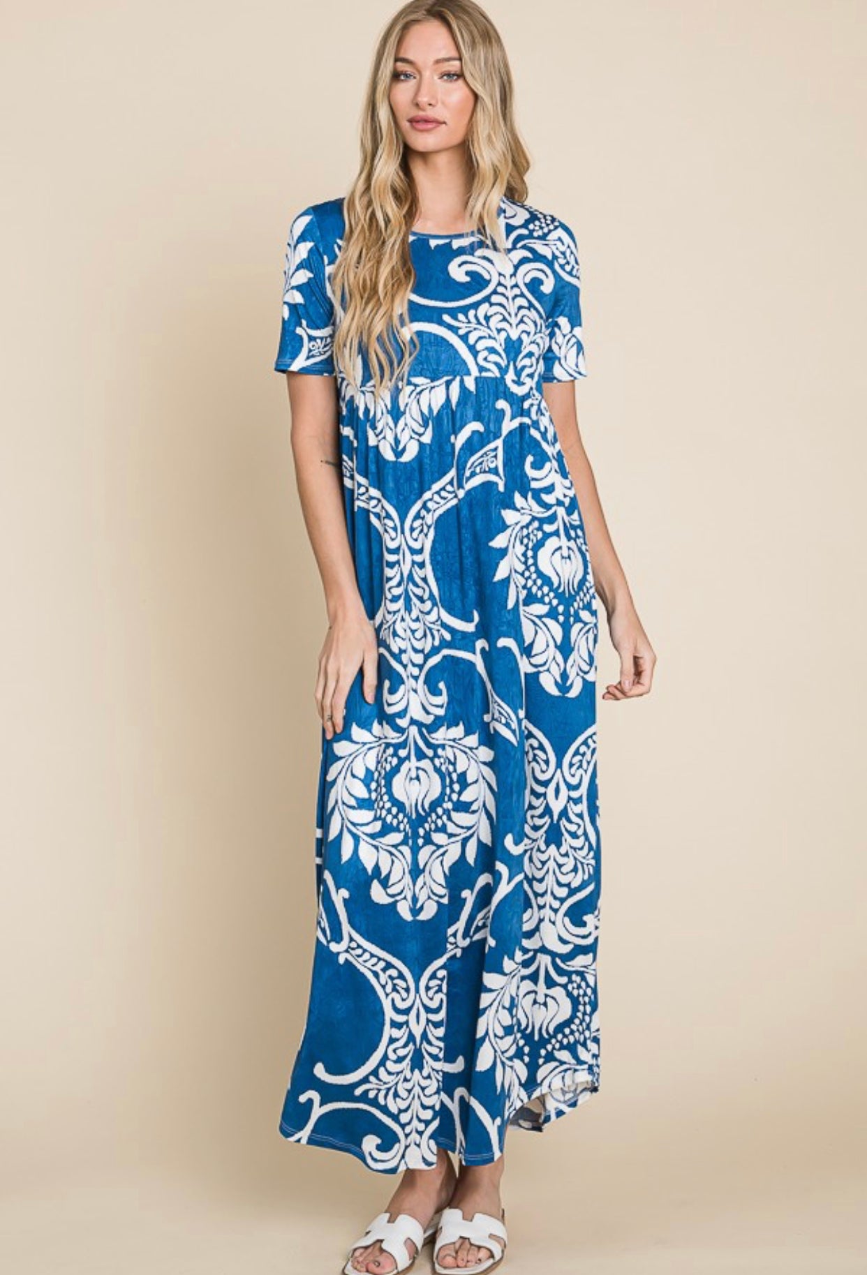 Blue White Boho Print Maxi Dress