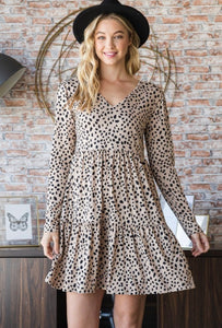 Taupe Dotted Leopard Long Sleeve Ruffle Dress