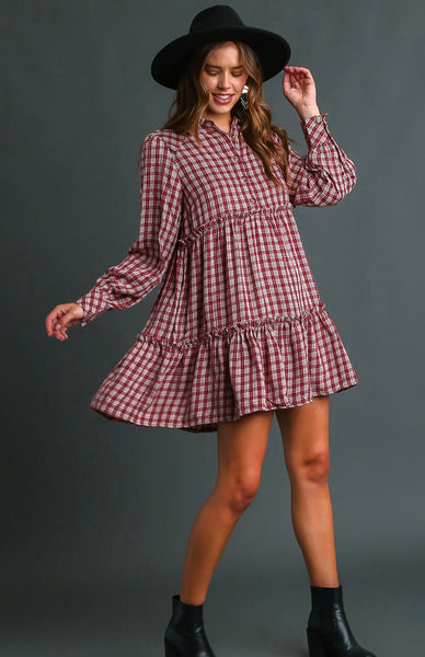 UMGEE Merlot Plaid Ruffle Dress