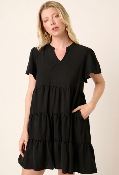 Black Ruffle Air Flow Notch Collar Dress