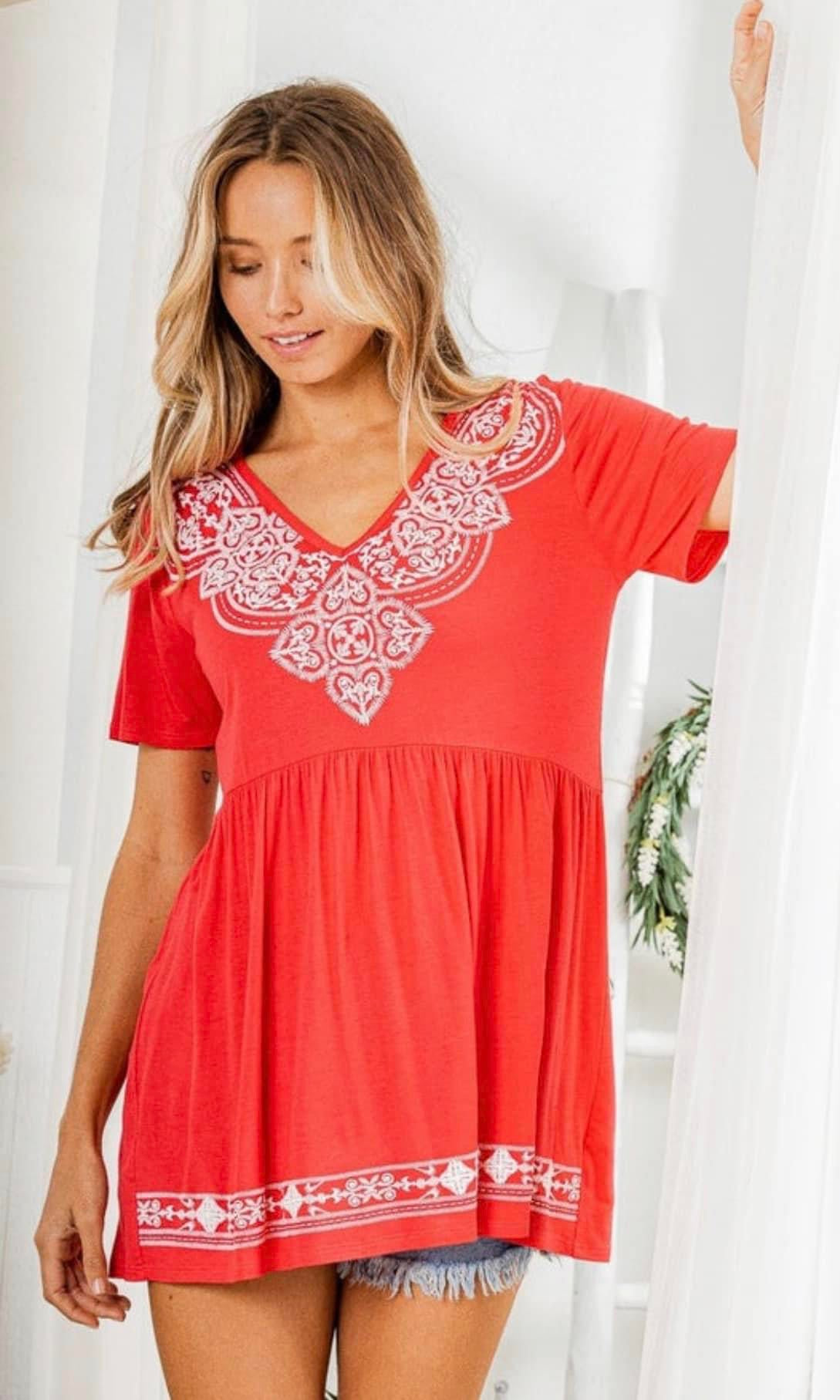 Bali Boho Embroidered Tunic Coral Red
