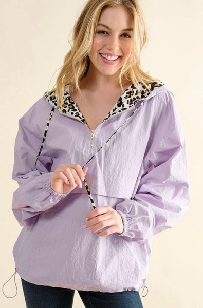 Lavender Leopard Trim Windbreaker Pullover