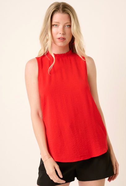 Ruffle Mock Neck Essential Top Lipstick Red