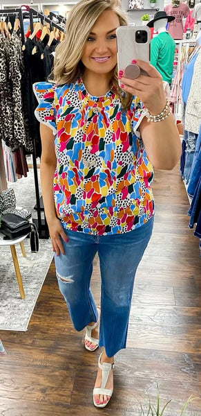 Dotted Abstract Multi Flutter Sleeve Top