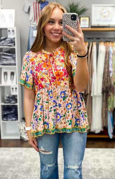 UMGEE Mixed Print Smocked Shoulder Top