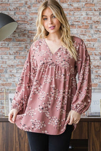 Dusty Mauve Floral Balloon Sleeve Top