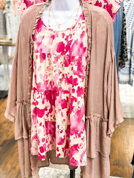 Taupe & Pink Watercolor Flutter Sleeve Top