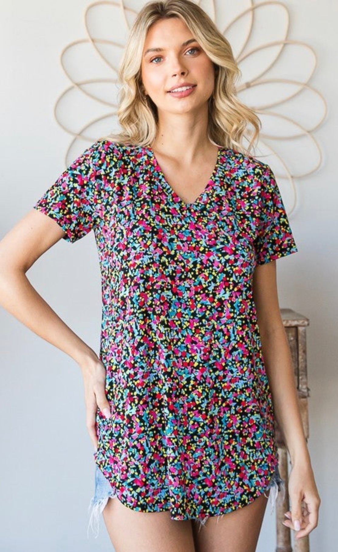 Colorful Abstract V Neck Short Sleeve Top