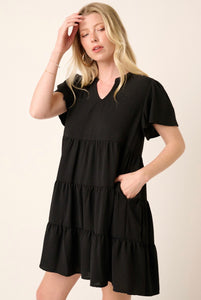 Black Ruffle Air Flow Notch Collar Dress