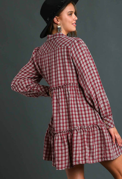 UMGEE Merlot Plaid Ruffle Dress