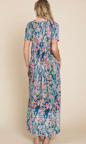 Seaside Bright Floral Print Maxi Dress
