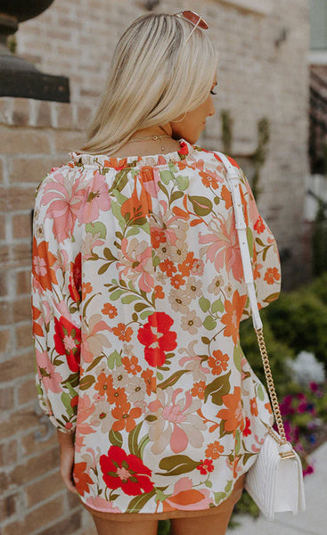 Full Bloom Floral Frilly Neck Puff Sleeve Top