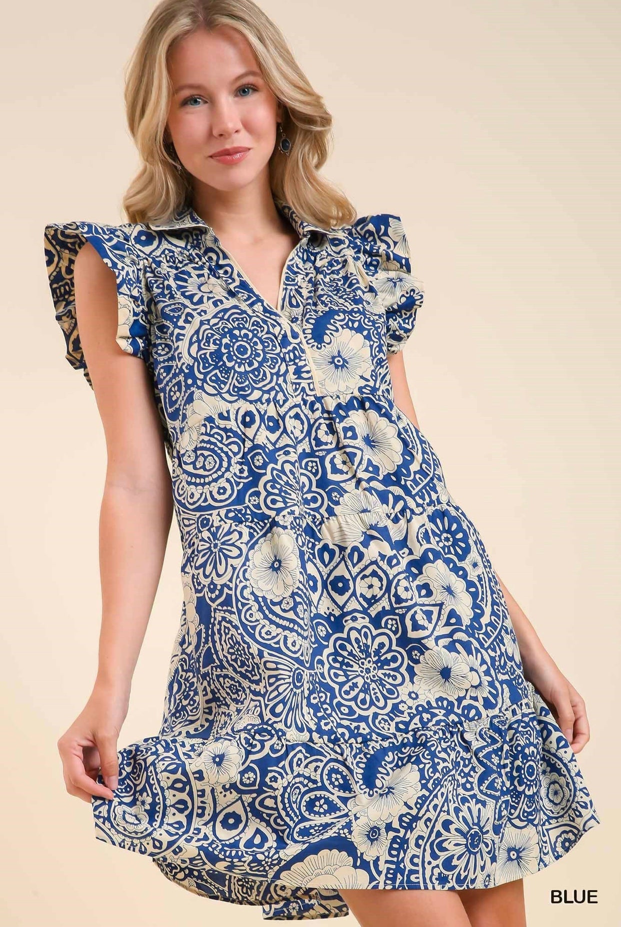 UMGEE USA Maren Cream Blue Print Dress