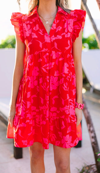 UMGEE Floral Print Collar Dress Red Mix
