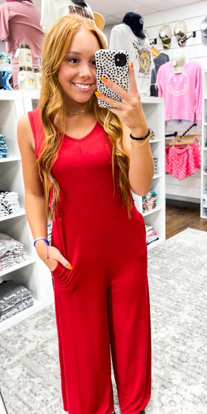 Sleeveless Solid Perfect Fit Jumpsuit Red